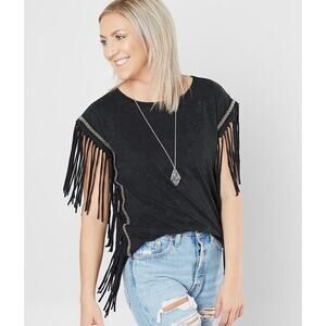 Affliction Beaded Fringe Distressed Top Womens L Western Grunge Rodeo Cowgirl